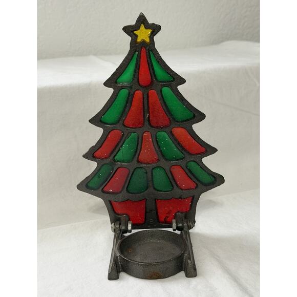 Vintage Christmas Tree Stained Glass Tea Light Votive Holder Cast Iron Taiwan - Picture 2 of 5